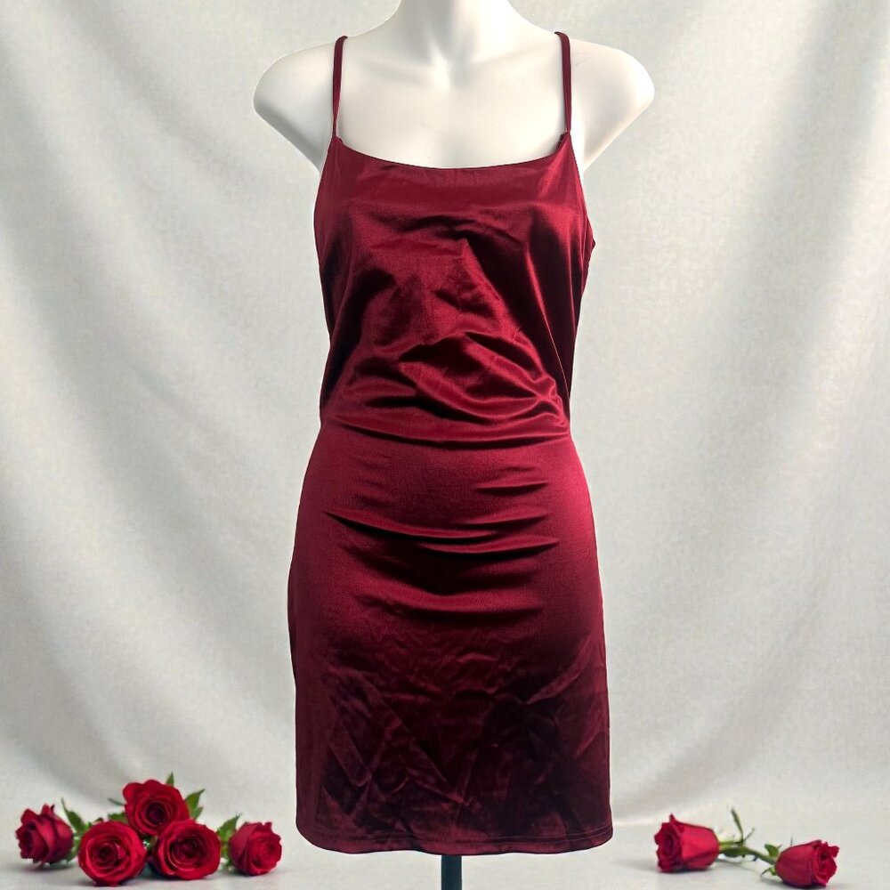 PeachPuff Burgundy Satin Slip Dress | Deep U Back | Curve Hugging | Size L